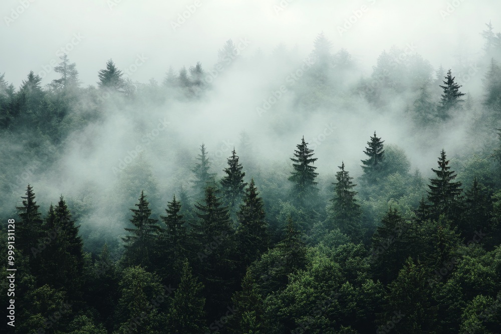 Dense forest shrouded in mist, showcasing silhouettes of pine trees contrasting against soft gray clouds, creating an ethereal and mysterious atmosphere. Dense forest shrouded in mist, showcasing silhouettes of pine trees contrasting against soft gray clouds, creating an ethereal and mysterious atmosphere.