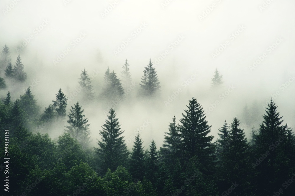 Dense forest shrouded in mist, showcasing silhouettes of pine trees contrasting against soft gray clouds, creating an ethereal and mysterious atmosphere. Dense forest shrouded in mist, showcasing silhouettes of pine trees contrasting against soft gray clouds, creating an ethereal and mysterious atmosphere.