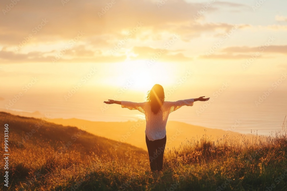 Woman with arms outstretched on a grassy hill, basking in the warm golden light of a beautiful sunrise over the ocean, embodying happiness and peace. Woman with arms outstretched on a grassy hill, basking in the warm golden light of a beautiful sunrise over the ocean, embodying happiness and peace.