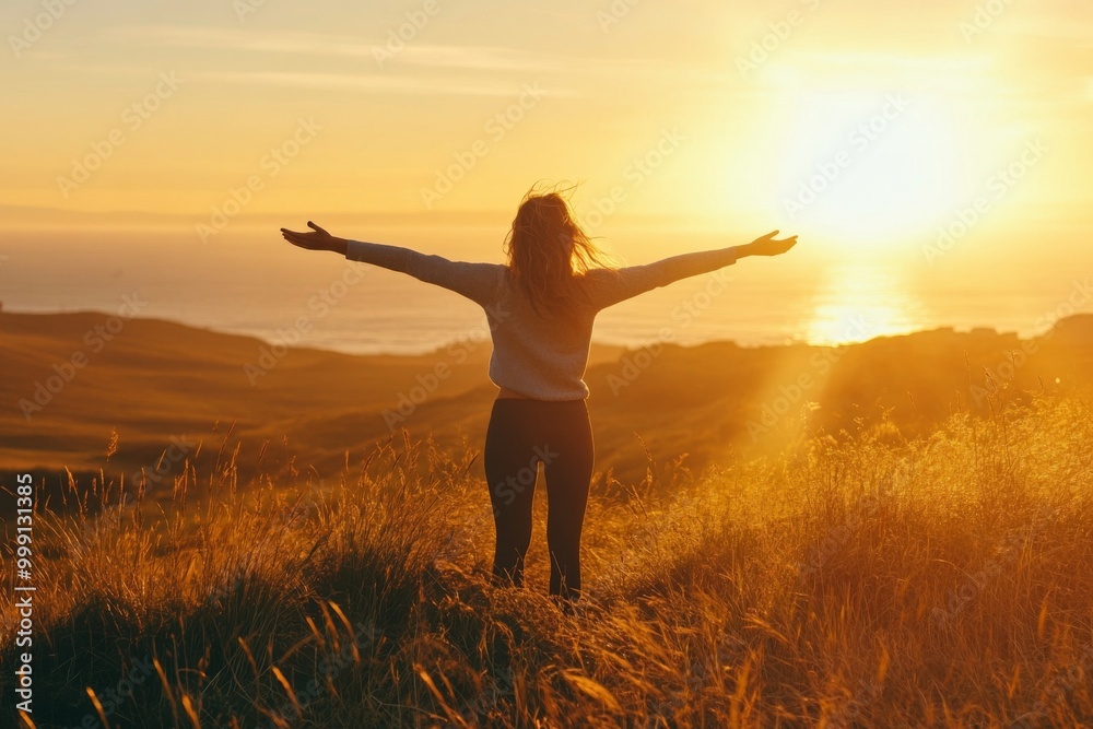 Woman with arms outstretched on a grassy hill, basking in the warm golden light of a beautiful sunrise over the ocean, embodying happiness and peace. Woman with arms outstretched on a grassy hill, basking in the warm golden light of a beautiful sunrise over the ocean, embodying happiness and peace.