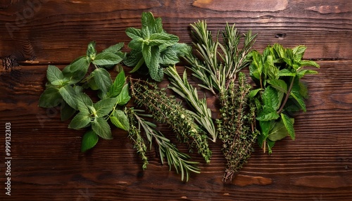 Fresh herbs on wood