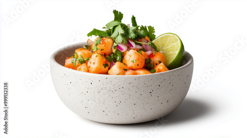 Fresh and vibrant shrimp ceviche served in speckled bowl, garnished with cilantro and lime. This dish is perfect for refreshing appetizer or light meal. photo