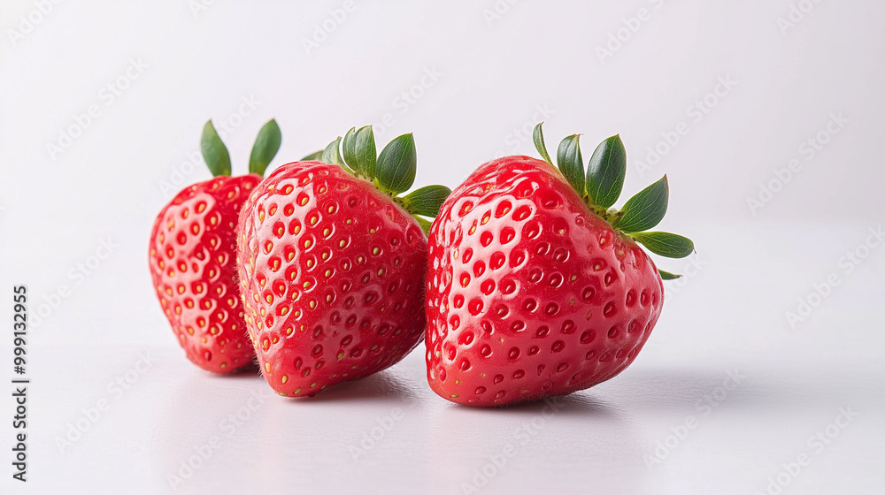 Three fresh strawberries with green leaves on white background. strawberries are vibrant red and look juicy and delicious. Three fresh strawberries with green leaves on white background. strawberries are vibrant red and look juicy and delicious.