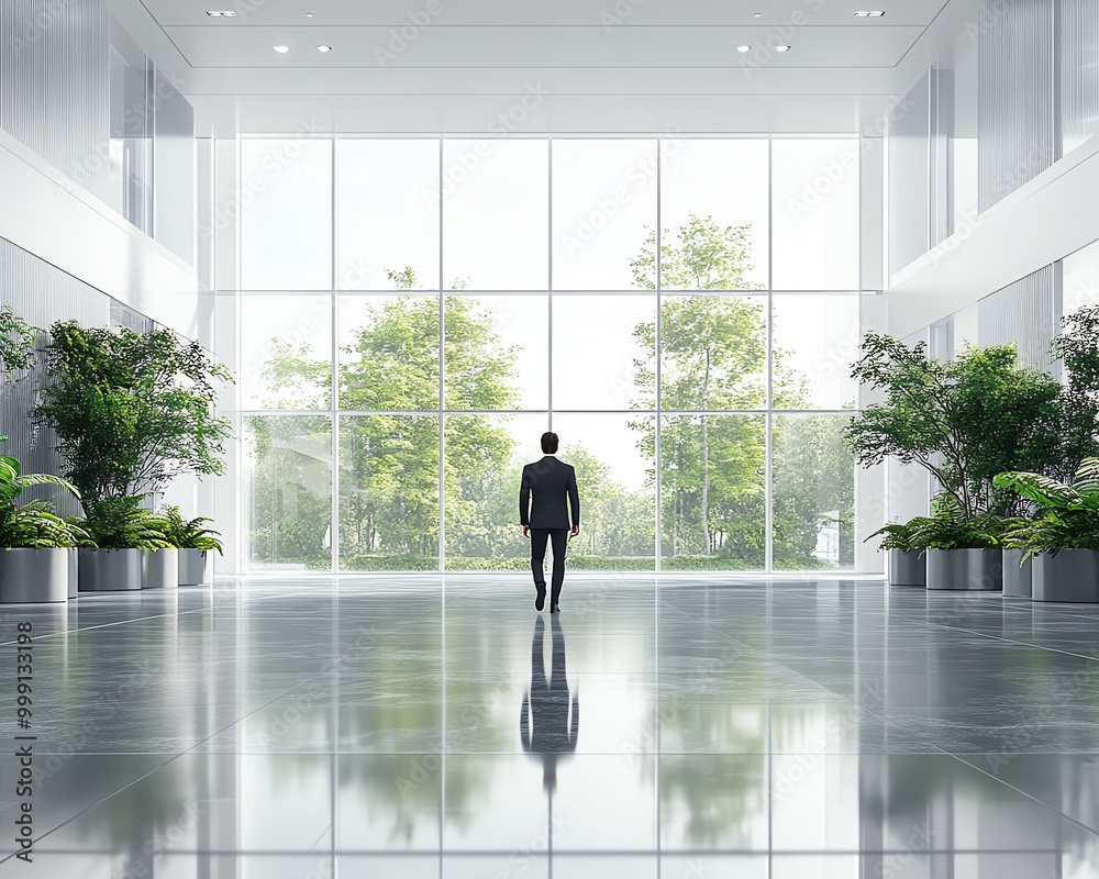 Fototapeta premium Rear back view of businessman walking through bright corporate company office building interior