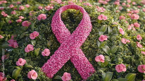 Pink October. Pink ribbon symbolizing breast cancer awareness made of planted pink flowers in a public garden