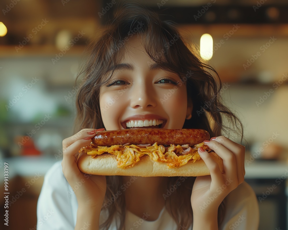 a cinematic shot of a woman in her kitchen eating a sausage sandwich smiling a cinematic shot of a woman in her kitchen eating a sausage sandwich smiling