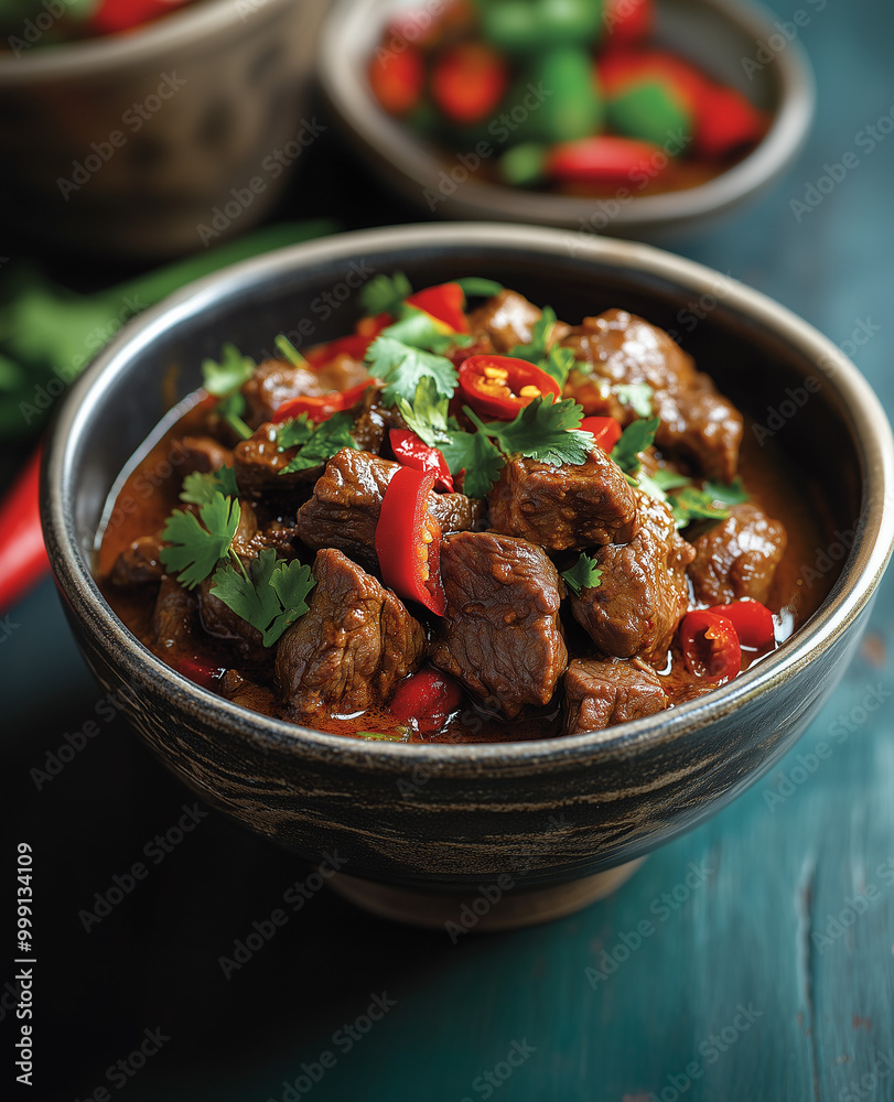 Indonesian Rendang. a bowl of slowed cooked beef with red pepper and spices. Indonesian Rendang. a bowl of slowed cooked beef with red pepper and spices.