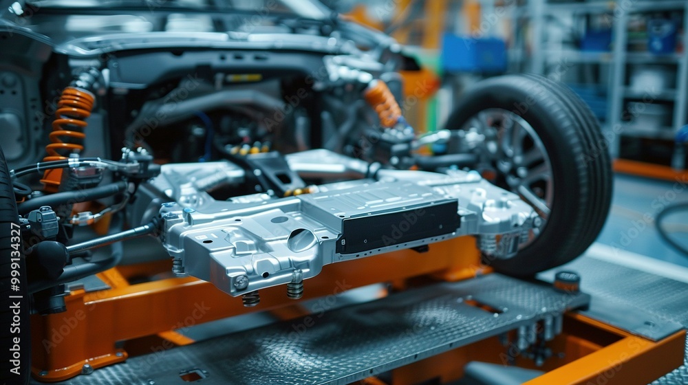 Fototapeta premium Close-up of the Undercarriage of a Car Undergoing Assembly