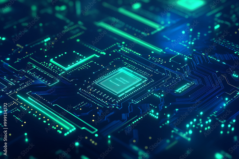 Abstract representation of a digital circuit board with glowing elements. Abstract representation of a digital circuit board with glowing elements.