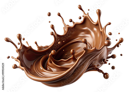 A close-up shot of a chocolate liquid splash forming a circular shape against a white background photo