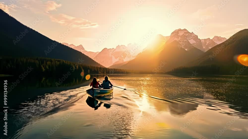 A small boat glides smoothly over a still lake during sunset, framed by distant mountains. The calm water mirrors the glowing sky, creating a peaceful and romantic scene. A small boat glides smoothly over a still lake during sunset, framed by distant mountains. The calm water mirrors the glowing sky, creating a peaceful and romantic scene.