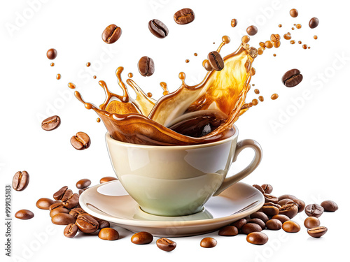 A white coffee cup with a splash of coffee and coffee beans flying around it, all against a white background photo