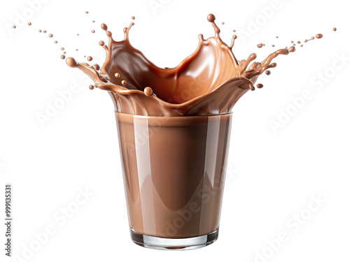 A glass of chocolate milk with a large splash reaching upwards. The glass is isolated on a pure white background