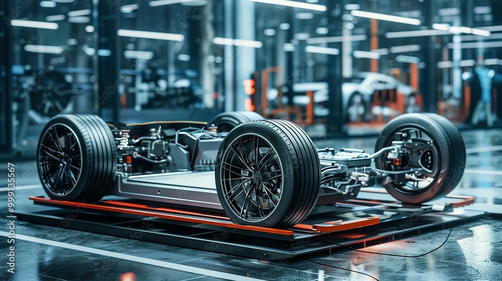 Undercarriage of a Modern Electric Car on a Platform Undercarriage of a Modern Electric Car on a Platform
