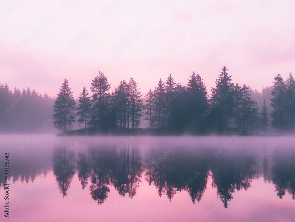 Fototapeta premium ethereal dawn landscape misty pastel pink and purple gradient sky silhouetted trees serene lake reflection