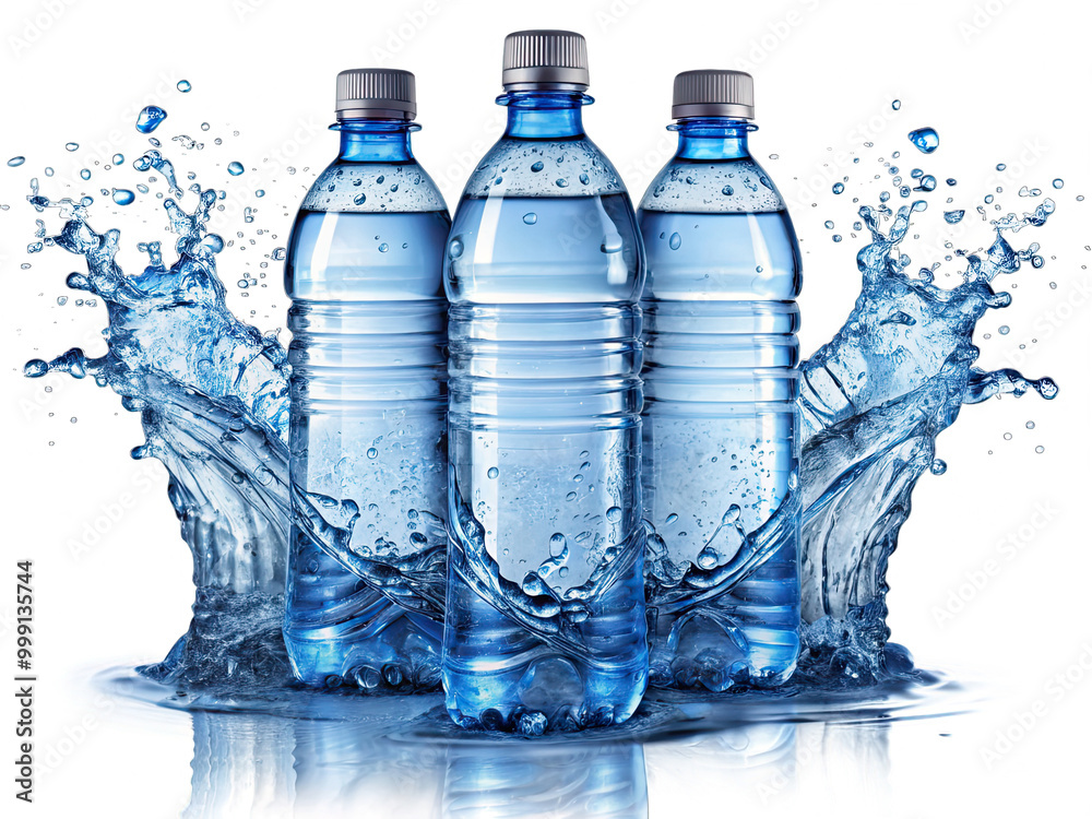 Three transparent plastic bottles filled with water sit on a white surface with a large splash of blue water surrounding them Three transparent plastic bottles filled with water sit on a white surface with a large splash of blue water surrounding them