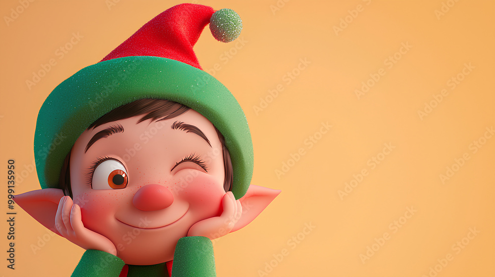 Cartoon elf with a green hat and a red nose is smiling Cartoon elf with a green hat and a red nose is smiling