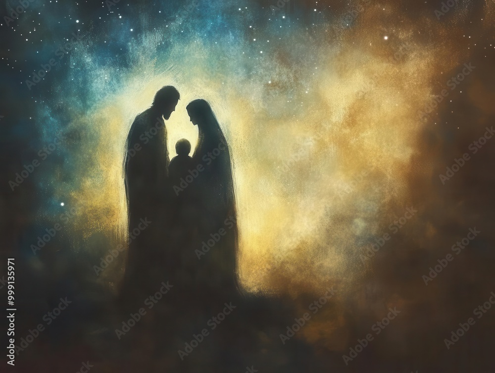 ethereal nativity scene mary and joseph with baby jesus soft glowing aura starry night backdrop minimalist style with painterly touches