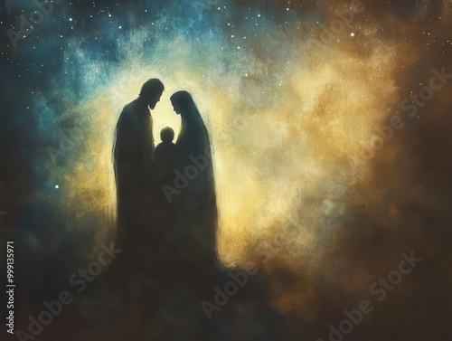 ethereal nativity scene mary and joseph with baby jesus soft glowing aura starry night backdrop minimalist style with painterly touches