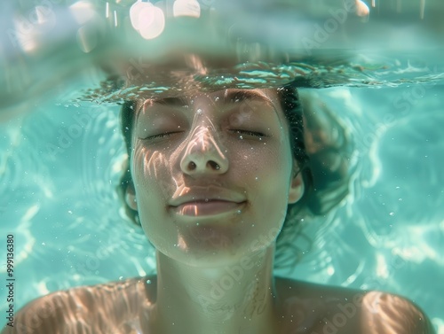 ethereal underwater portrait of a woman floating serenely in crystalclear turquoise pool soft sunlight filtering through water creating mesmerizing light patterns on her peaceful face photo