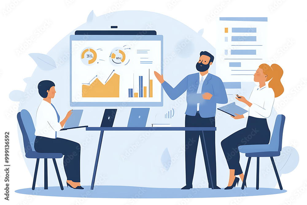 A business meeting with a presentation on data analysis and charts. A business meeting with a presentation on data analysis and charts.