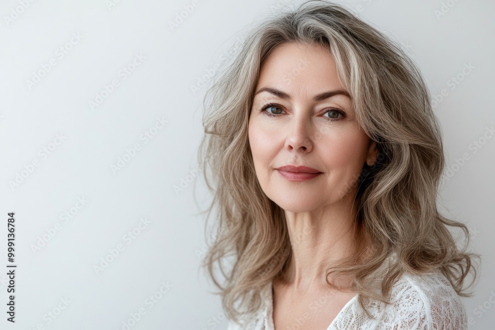 Gorgeous mid-aged woman with healthy skin smiling at the camera against a white background highlighting skincare and beauty Gorgeous mid-aged woman with healthy skin smiling at the camera against a white background highlighting skincare and beauty