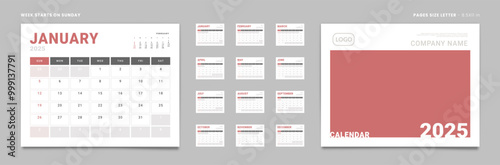 Set of 2025 Pages Monthly Calendar Planner Templates, Cover with Place for Photo, Company Logo. Vector pages for wall or desk calendar. Page size Letter -8.5x11 in for Print. Week start Sunday