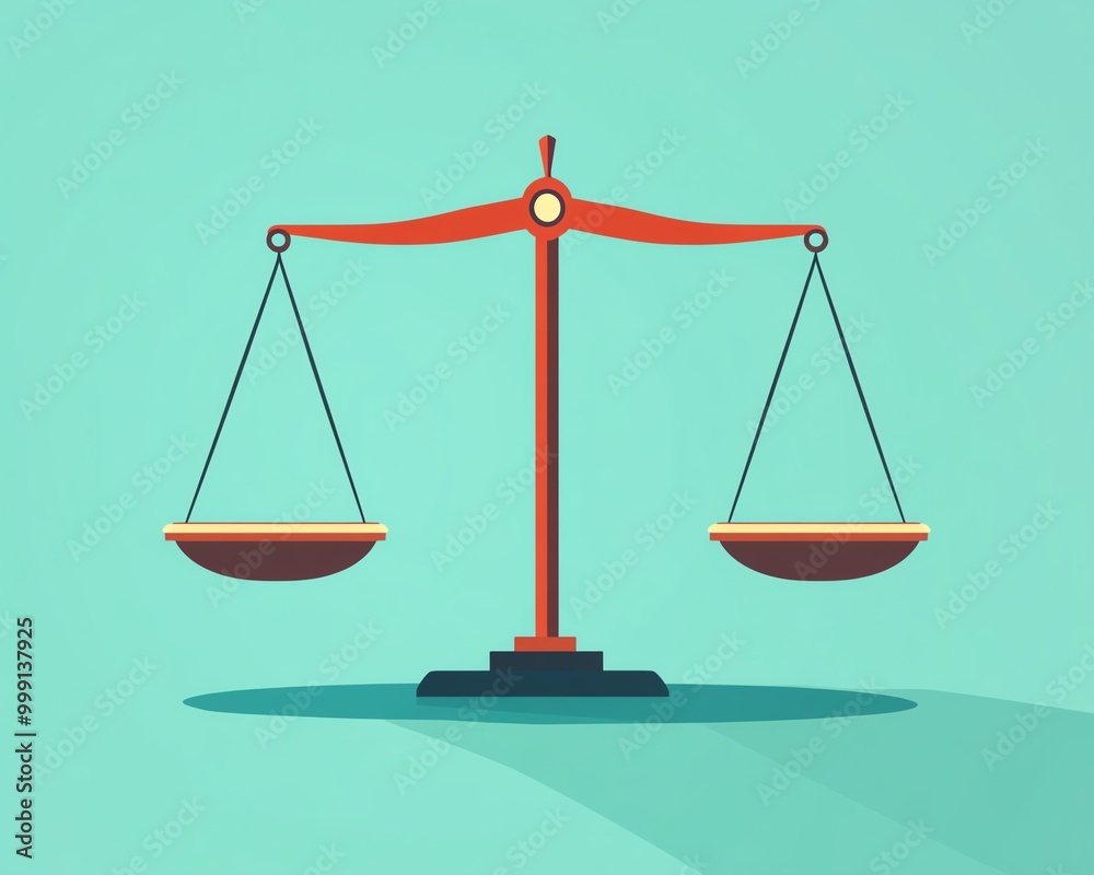 A flat design illustration featuring scales of justice with equal weights, emphasizing the concept of fairness and balance, in a simple and elegant style A flat design illustration featuring scales of justice with equal weights, emphasizing the concept of fairness and balance, in a simple and elegant style