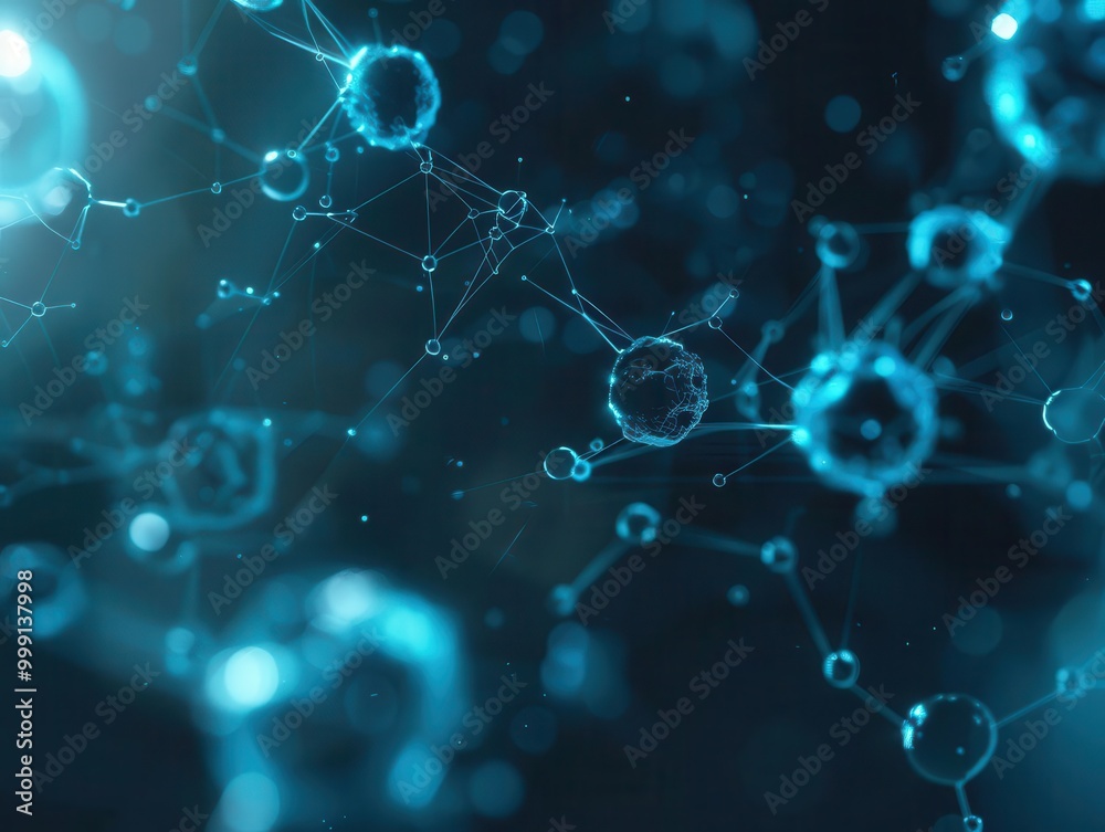 futuristic 3d rendering of interconnected biotech cells glowing with ethereal blue light against a dark background representing scientific innovation futuristic 3d rendering of interconnected biotech cells glowing with ethereal blue light against a dark background representing scientific innovation