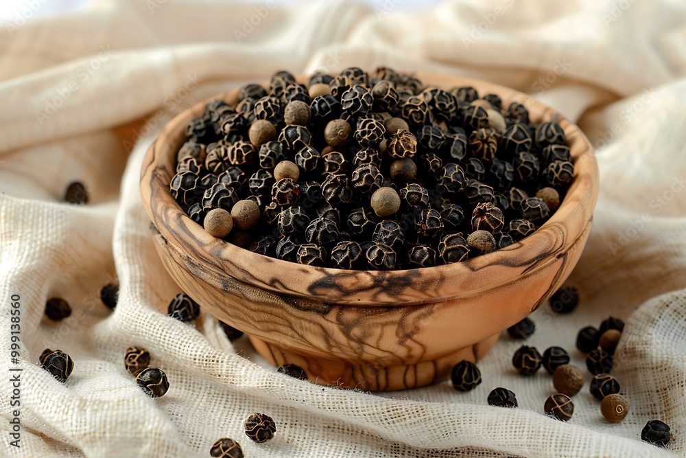 Black peppercorns in a wooden bowl on white fabric background Black peppercorns in a wooden bowl on white fabric background