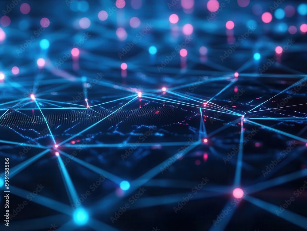 futuristic digital network visualization with glowing nodes and interconnected lines cybersecurity concept in deep blue and neon accents futuristic digital network visualization with glowing nodes and interconnected lines cybersecurity concept in deep blue and neon accents