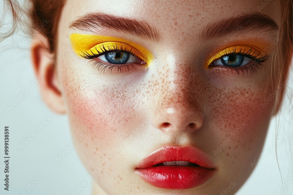 Fototapeta premium Bright and vibrant close-up beauty shot featuring a young model with intricate eyeliner and bold yellow eye makeup
