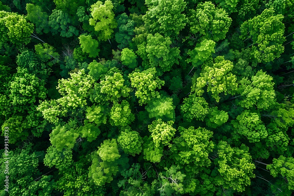 Naklejka premium Aerial view of green trees in forest. Top view.