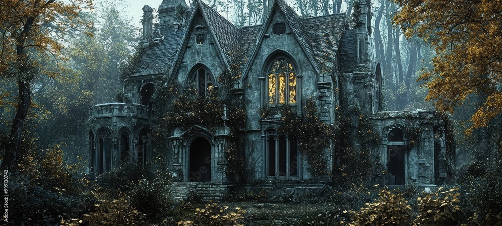 A dilapidated Gothic mansion, with crumbling walls, broken windows, and tangled vines A dilapidated Gothic mansion, with crumbling walls, broken windows, and tangled vines