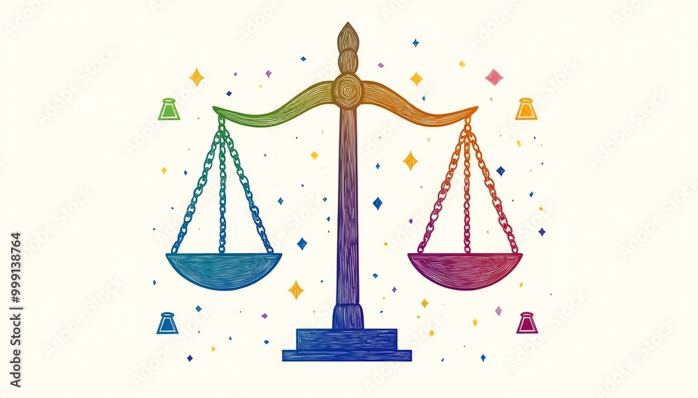 A modern flat illustration of scales of justice balanced with equality symbols, drawn in vibrant colors on a minimalist white background A modern flat illustration of scales of justice balanced with equality symbols, drawn in vibrant colors on a minimalist white background