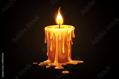 A glowing candle with dripping wax, illuminating the dark background.