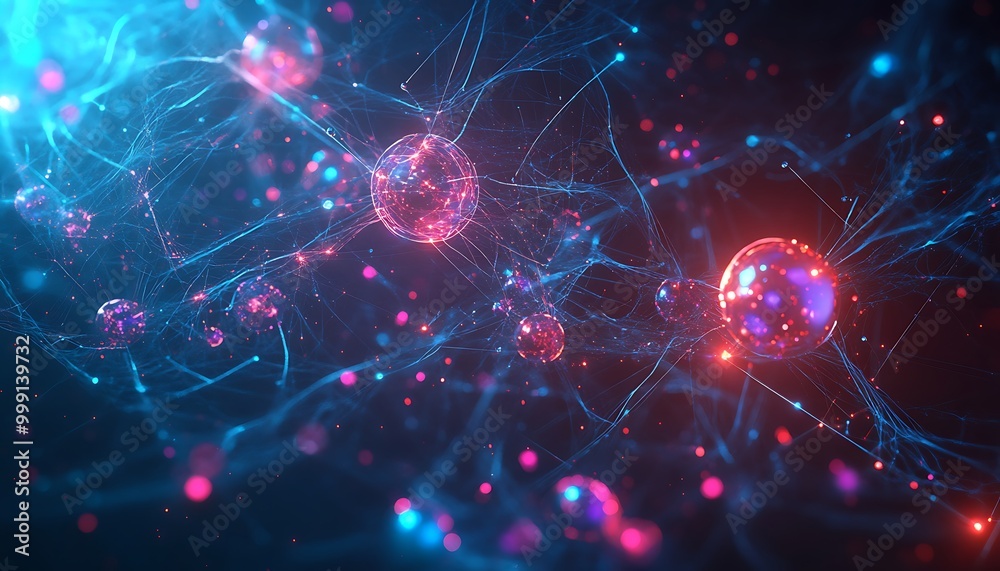 Abstract Illustration of Quantum Entanglement with Floating Qubits Connected by Glowing Lines Abstract Illustration of Quantum Entanglement with Floating Qubits Connected by Glowing Lines