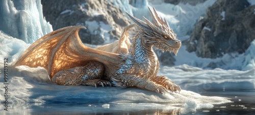 A dragon with intricate, jeweled scales perched on a crystal-clear glacier