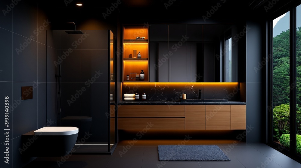 Modern Dark Bathroom Design: Sleek and sophisticated, this contemporary bathroom boasts a minimalist aesthetic with dark grey tiles and wood accents, illuminated by warm lighting. Modern Dark Bathroom Design: Sleek and sophisticated, this contemporary bathroom boasts a minimalist aesthetic with dark grey tiles and wood accents, illuminated by warm lighting.