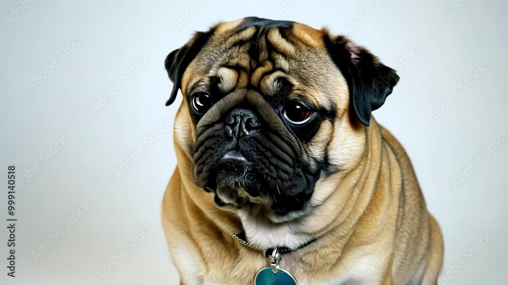 A pug with a wrinkled face looking directly at the camera. The dog stands still, capturing the viewer’s attention with its comical and expressive features in a simple background. A pug with a wrinkled face looking directly at the camera. The dog stands still, capturing the viewer’s attention with its comical and expressive features in a simple background.