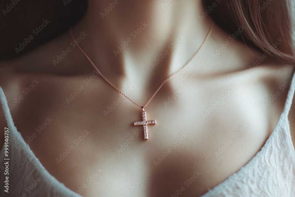 A close-up view of a delicate Christian cross necklace worn by a woman highlighting themes of faith, spirituality, and personal significance A close-up view of a delicate Christian cross necklace worn by a woman highlighting themes of faith, spirituality, and personal significance