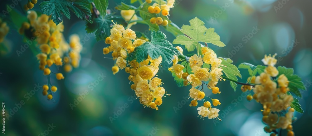 Obraz premium Golden Currant Ribes Aureum Yellow Flowers On A Bush Selective Focus Close Up