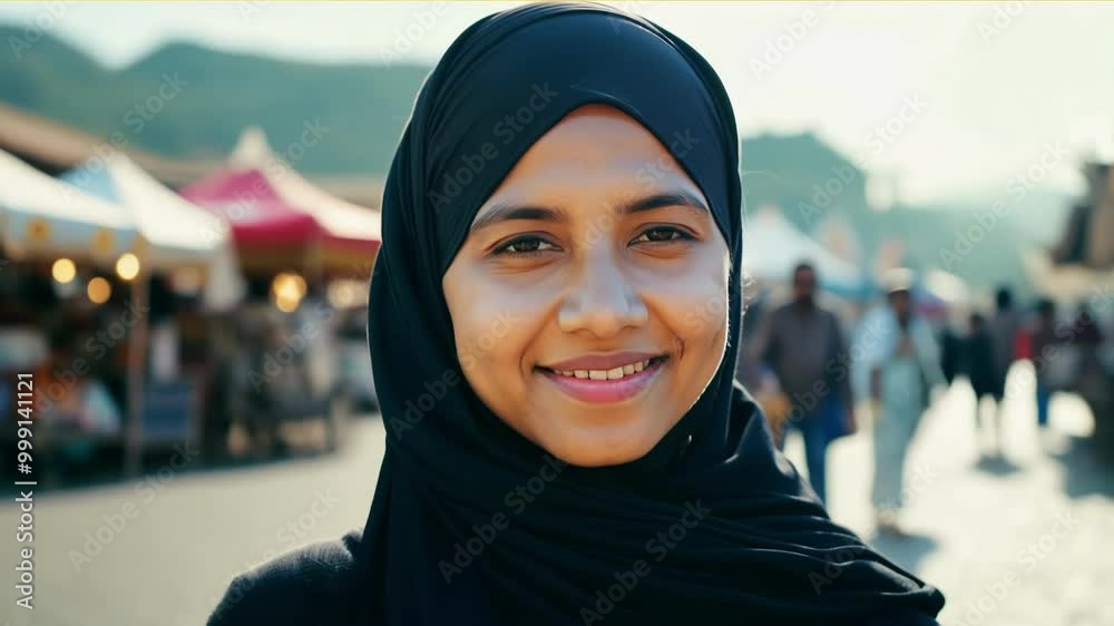 A smiling young woman wearing a hijab enjoying a vibrant market scene outdoors. The bustling marketplace in the background creates a lively and cultural atmosphere. A smiling young woman wearing a hijab enjoying a vibrant market scene outdoors. The bustling marketplace in the background creates a lively and cultural atmosphere.
