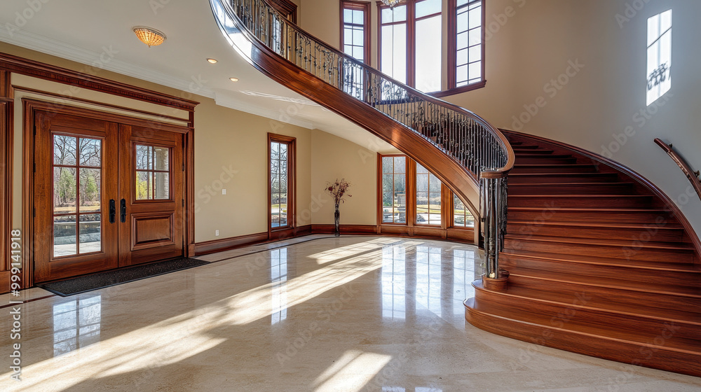Elegant grand foyer with a sweeping wooden staircase, large windows, and marble flooring, showcasing a luxurious and sophisticated design. Elegant grand foyer with a sweeping wooden staircase, large windows, and marble flooring, showcasing a luxurious and sophisticated design.