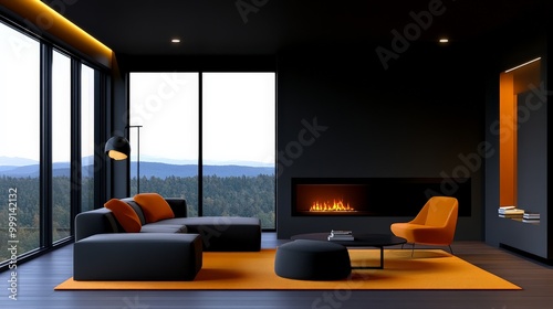 Modern Luxury Living Room: Dark and Dramatic Interior Design with Orange Accents 