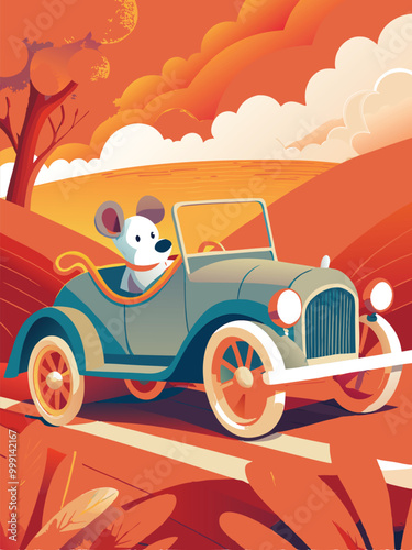 Cartoon mouse in a 1920s inspired car driving on a road.