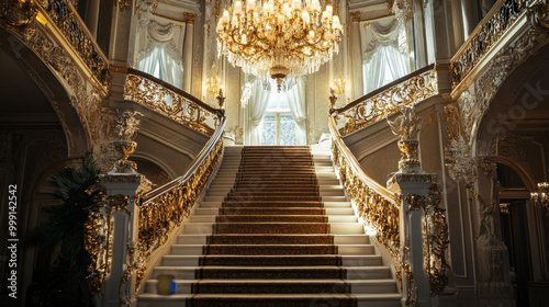 Lavish grand staircase in a luxurious mansion adorned with golden details and a magnificent chandelier.