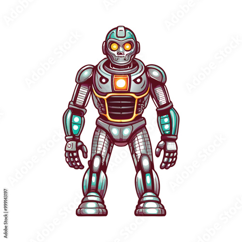 A 1980s sci-fi robot with metallic limbs and neon accents.