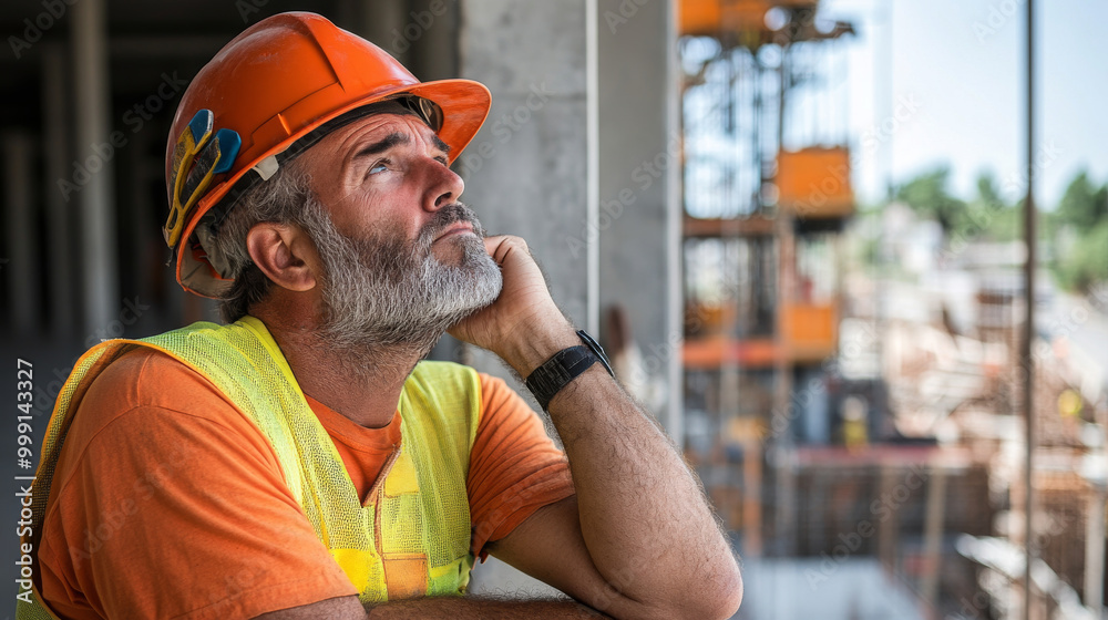A construction worker gazes thoughtfully at construction site, his face showing lines of experience and dedication. scene captures essence of hard work and determination A construction worker gazes thoughtfully at construction site, his face showing lines of experience and dedication. scene captures essence of hard work and determination