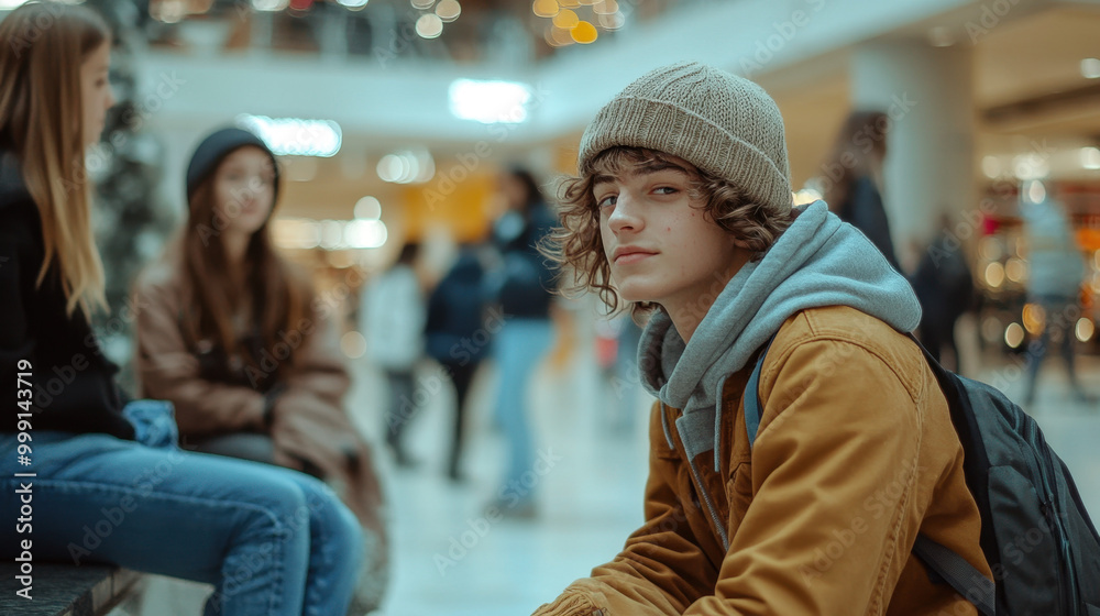 Young man with curly hair in a beanie and hoodie, sitting in a bustling shopping mall among friends. Young man with curly hair in a beanie and hoodie, sitting in a bustling shopping mall among friends.